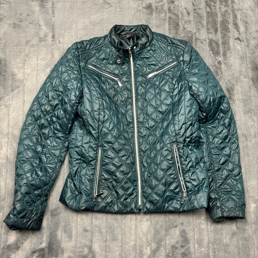 Preston & York Womens Quilted Puffer Jacket Teal Green Zip Moto Mock Neck S